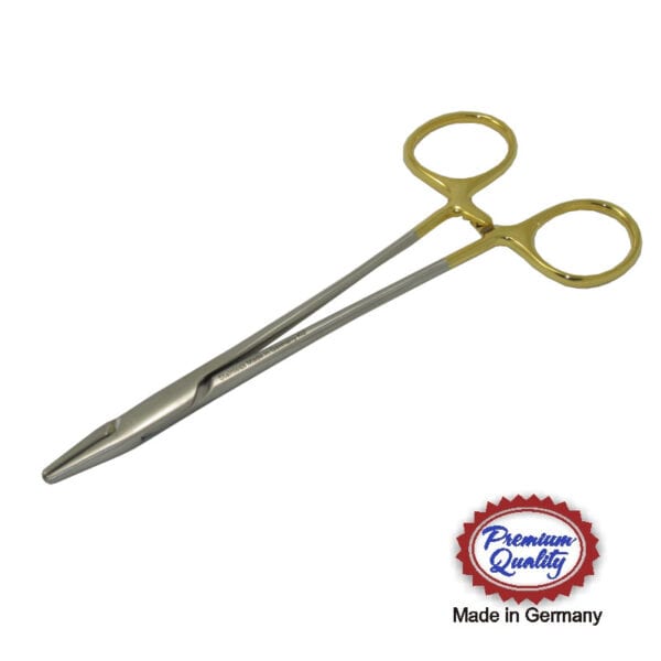 Stratte needle holder, 9'',double bend, curved, serrated TC jaws